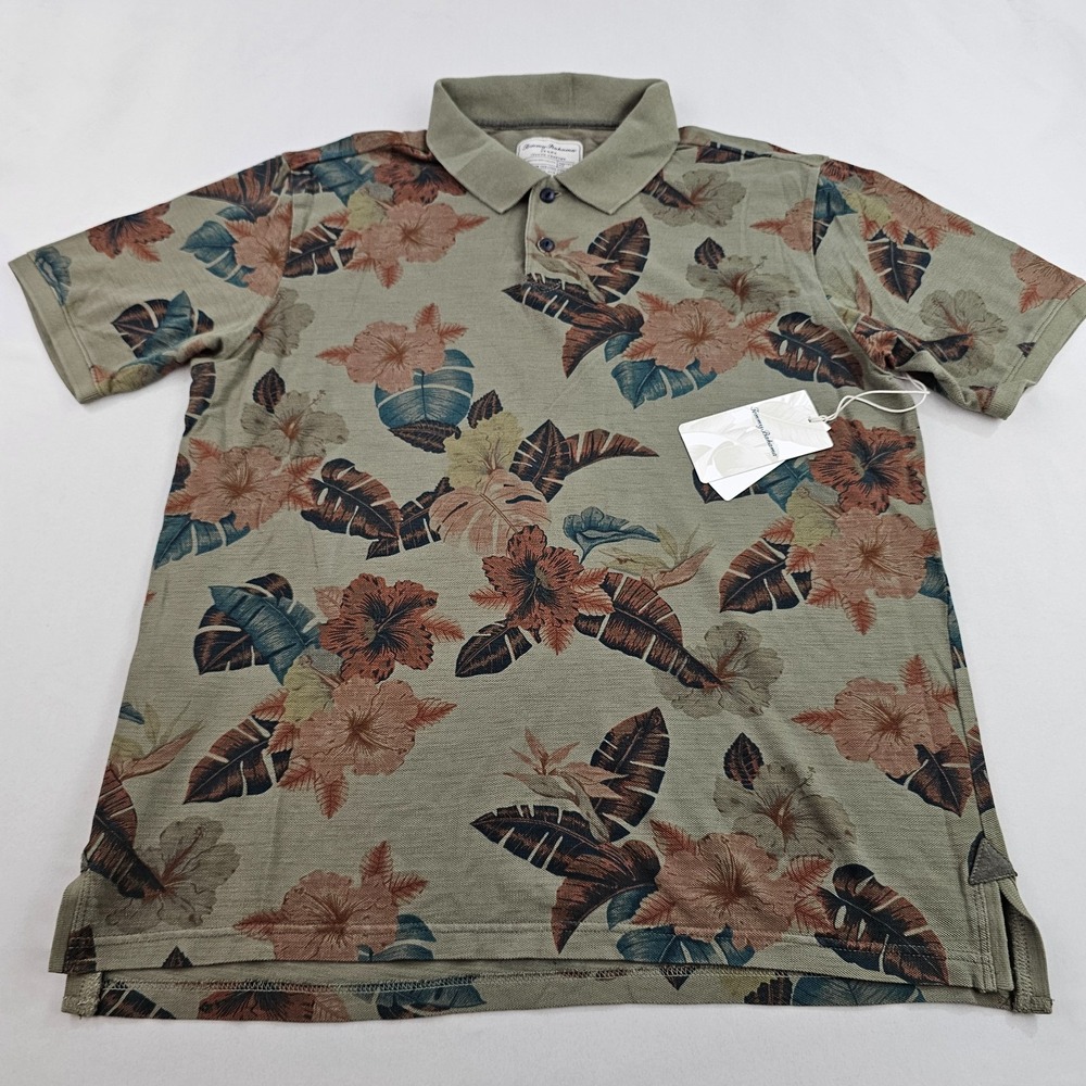 Tommy Bahama relax polo shirt mens L Large green cotton floral island crafted